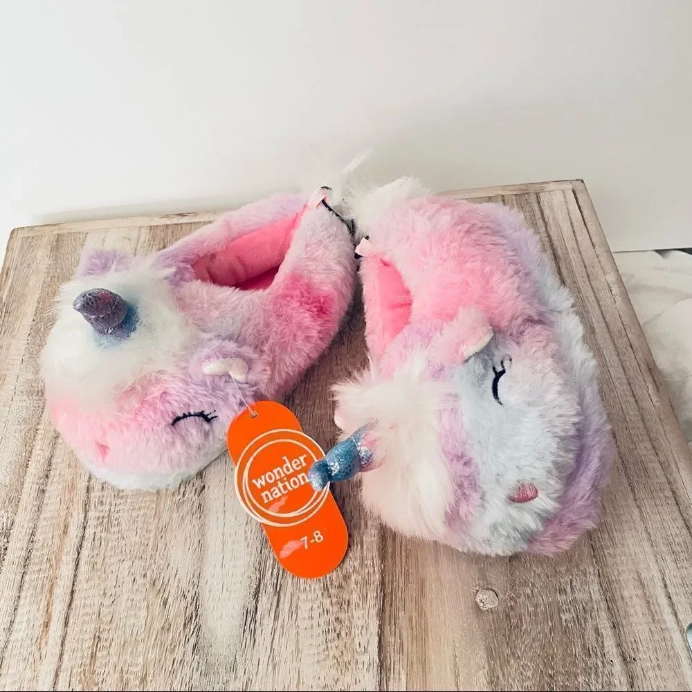 NWT Wonder Nation Pink,Lilac,Blue Toddler Girl Plush Unicorn Slippers Ruber Sole